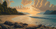 Unspoiled hidden beach on unexplored and uninhabited island paradise, golden hour orange sunset clouds and calm ocean waves, tranquil travel destination - generative AI.