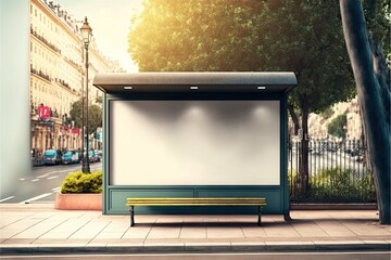 Wall Mural - Covered blank billboard mockup with bench at stop along road, created with generative ai