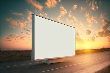 Sticker - Large country blank billboard mockup along road against backdrop of pink clouds, created with generative ai