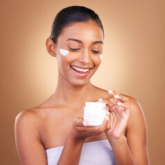 Sticker - Skincare, beauty product lotion and glow of a happy woman with cosmetic and cream. Isolated, studio background and model with a smile from face cleaning, cosmetics and dermatology facial sunscreen