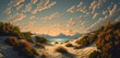 Unspoiled sandy dunes path leading to unexplored and uninhabited island paradise coast, golden hour sunset, cumulus clouds and calm ocean waves, meditative and calming scenic view - generative AI.