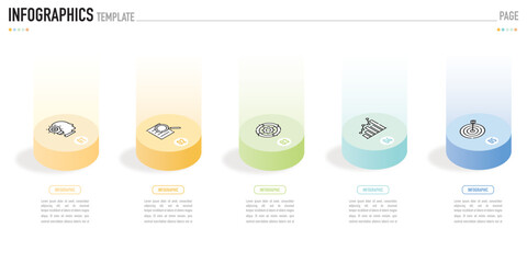 Isometric infographic template or element as a vector with 5 step, process, option, colorful 3D bar, icons, funnel, gantt, funnel, and light for sale slide, minimal modern simple style, origami, stage