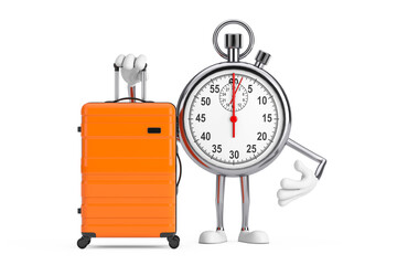 Aufkleber - Modern Stopwatch Cartoon Person Character Mascot with Orange Travel Suitcase. 3d Rendering