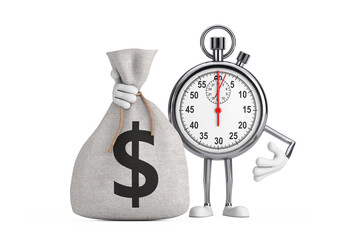 Aufkleber - Modern Stopwatch Cartoon Person Character Mascot with Tied Rustic Canvas Linen Money Sack or Money Bag with Dollar Sign. 3d Rendering