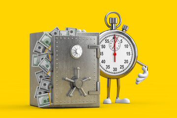 Poster - Modern Stopwatch Cartoon Person Character Mascot with Vault or Safe Box Full of Dollar Bills. 3d Rendering