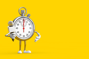 Poster - Modern Stopwatch Cartoon Person Character Mascot with Modern Chrome Microphone. 3d Rendering