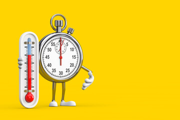 Poster - Modern Stopwatch Cartoon Person Character Mascot with Outdoor Thermometer. 3d Rendering