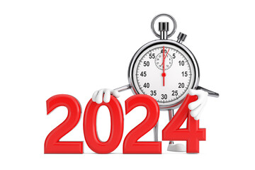 Poster - Modern Stopwatch Cartoon Person Character Mascot with Red 2024 New Year Sign. 3d Rendering