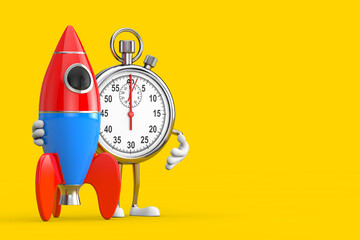 Leinwandbilder - Modern Stopwatch Cartoon Person Character Mascot with Cartoon Toy Rocket. 3d Rendering