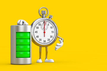 Poster - Modern Stopwatch Cartoon Person Character Mascot with Abstract Charging Battery. 3d Rendering