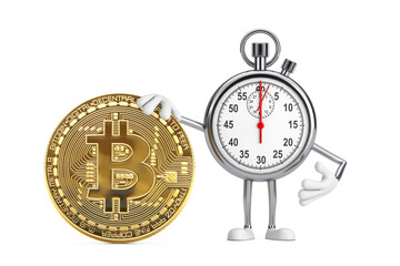 Poster - Modern Stopwatch Cartoon Person Character Mascot with Cryptocurrency Golden Bitcoin Coin. 3d Rendering