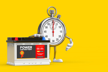 Poster - Modern Stopwatch Cartoon Person Character Mascot and Rechargeable Car Battery 12V Accumulator with Abstract Label. 3d Rendering