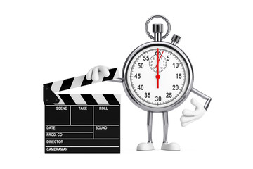 Poster - Modern Stopwatch Cartoon Person Character Mascot with Movie Clapper Board. 3d Rendering