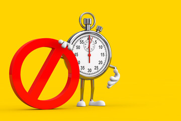 Aufkleber - Modern Stopwatch Cartoon Person Character Mascot with Red Prohibition or Forbidden Sign. 3d Rendering