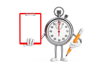 Poster - Modern Stopwatch Cartoon Person Character Mascot with Red Plastic Clipboard, Paper and Pencil. 3d Rendering