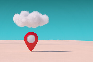 Fototapete - Red Target Map Pointer Pin under Cloud in Desert. 3d Rendering