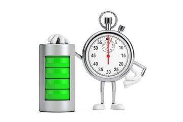 Poster - Modern Stopwatch Cartoon Person Character Mascot with Abstract Charging Battery. 3d Rendering