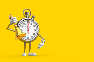 Poster - Modern Stopwatch Cartoon Person Character Mascot with Vintage Golden School Bell. 3d Rendering