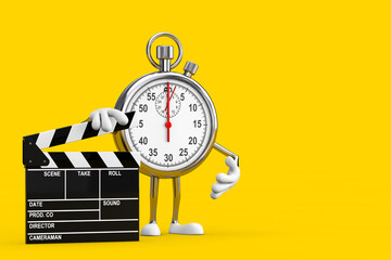 Poster - Modern Stopwatch Cartoon Person Character Mascot with Movie Clapper Board. 3d Rendering