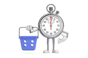 Poster - Modern Stopwatch Cartoon Person Character Mascot with Cartoon Shopping Basket. 3d Rendering