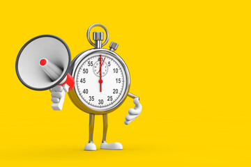 Poster - Modern Stopwatch Cartoon Person Character Mascot with Red Retro Megaphone. 3d Rendering