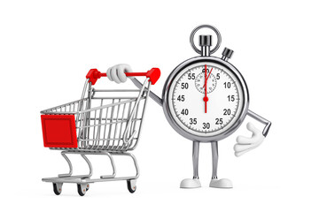 Poster - Modern Stopwatch Cartoon Person Character Mascot with Shopping Cart Trolley. 3d Rendering
