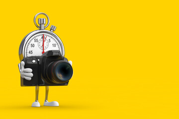Poster - Modern Stopwatch Cartoon Person Character Mascot with Modern Digital Photo Camera. 3d Rendering