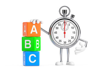 Poster - Modern Stopwatch Cartoon Person Character Mascot with Alphabet ABC Education Cubes. 3d Rendering
