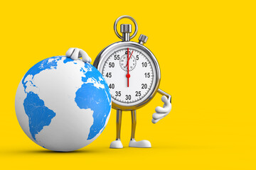 Poster - Modern Stopwatch Cartoon Person Character Mascot with Earth Globe. 3d Rendering