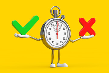 Aufkleber - Modern Stopwatch Cartoon Person Character Mascot with Red Cross and Green Check Mark, Confirm or Deny, Yes or No Icon Sign. 3d Rendering