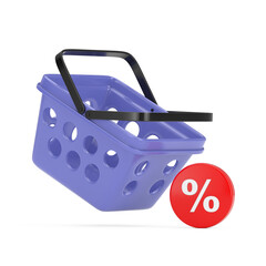 Poster - Blue Cartoon Minimal Style Grocery Shopping Basket with Red Percent Discount Icon. 3d Rendering
