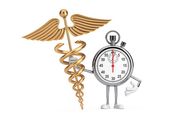 Poster - Modern Stopwatch Cartoon Person Character Mascot with Golden Medical Caduceus Symbol. 3d Rendering