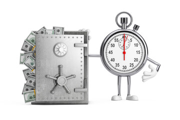 Poster - Modern Stopwatch Cartoon Person Character Mascot with Vault or Safe Box Full of Dollar Bills. 3d Rendering