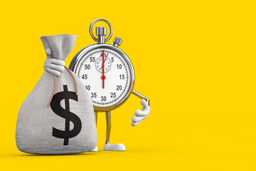 Aufkleber - Modern Stopwatch Cartoon Person Character Mascot with Tied Rustic Canvas Linen Money Sack or Money Bag with Dollar Sign. 3d Rendering