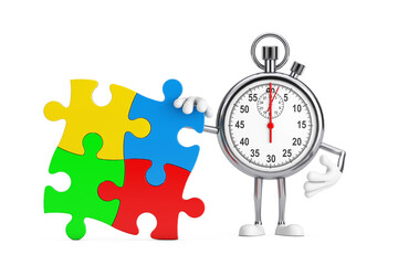 Poster - Modern Stopwatch Cartoon Person Character Mascot with Four Pieces of Colorful Jigsaw Puzzle. 3d Rendering
