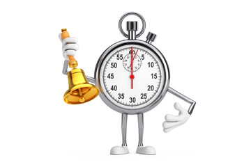 Aufkleber - Modern Stopwatch Cartoon Person Character Mascot with Vintage Golden School Bell. 3d Rendering