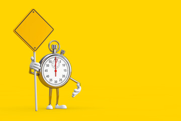 Poster - Modern Stopwatch Cartoon Person Character Mascot and Yellow Road Sign with Free Space for Yours Design. 3d Rendering