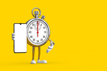 Poster - Modern Stopwatch Cartoon Person Character Mascot and Modern Mobile Phone with Blank Screen for Your Design. 3d Rendering