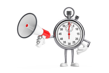Poster - Modern Stopwatch Cartoon Person Character Mascot with Red Retro Megaphone. 3d Rendering