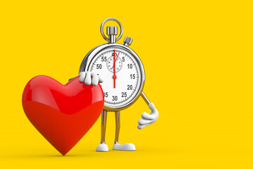 Poster - Modern Stopwatch Cartoon Person Character Mascot with Red Heart. 3d Rendering