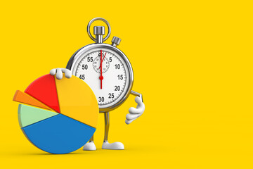 Poster - Modern Stopwatch Cartoon Person Character Mascot with Info Graphics Business Pie Chart. 3d Rendering
