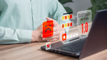 Aufkleber - Man give negative reviews for customer satisfaction surveys. One star rating for testimonial, customer evaluation feedback, service rating satisfaction and certification concept.