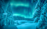 Fototapeta Na ścianę - Aurora borealis over the frosty forest. Green northern lights above mountains. Night nature landscape with polar lights. Night winter landscape with aurora. Creative image. winter holiday concept.