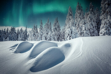 Aurora borealis over the frosty forest. Green northern lights above mountains. Night nature landscape with polar lights. Night winter landscape with aurora. Creative image. winter holiday concept.