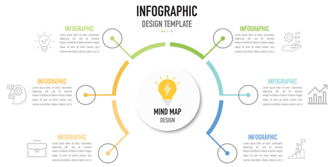 mind map infographic templae or element as a vector with 6 step, process, option, colorful label, ic