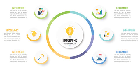 Circular mind map infographic business template or element including 6 step, process, option, with colorful circle and icons on white background for presentation or slide, minimal modern simple style