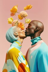 Wall Mural - Spring abstract portrait of young beautiful couple in love, boyfriend and girlfriend covered with fresh Spring flowers. Pastel gentle colors, holiday costume. Generative AI.