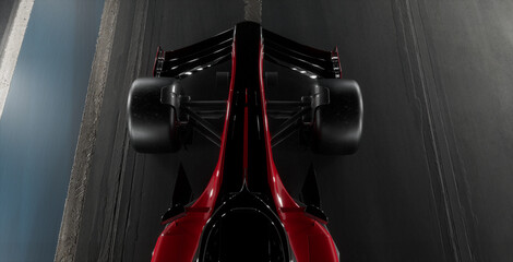 Overhead high angle view of a red modern generic sports racing car standing on a pit lane, surrounded by LED light tubes, cinematic lighting. Daytime shot. Realistic 3d rendering