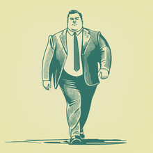 Fat Businessman With A Suit Walking. Woodcut Engraving Style Hand Drawn Vector Illustration. Optimized Vector. 