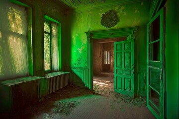 Canvas Print - Old abandoned house with shabby green walls and doors, created with generative ai